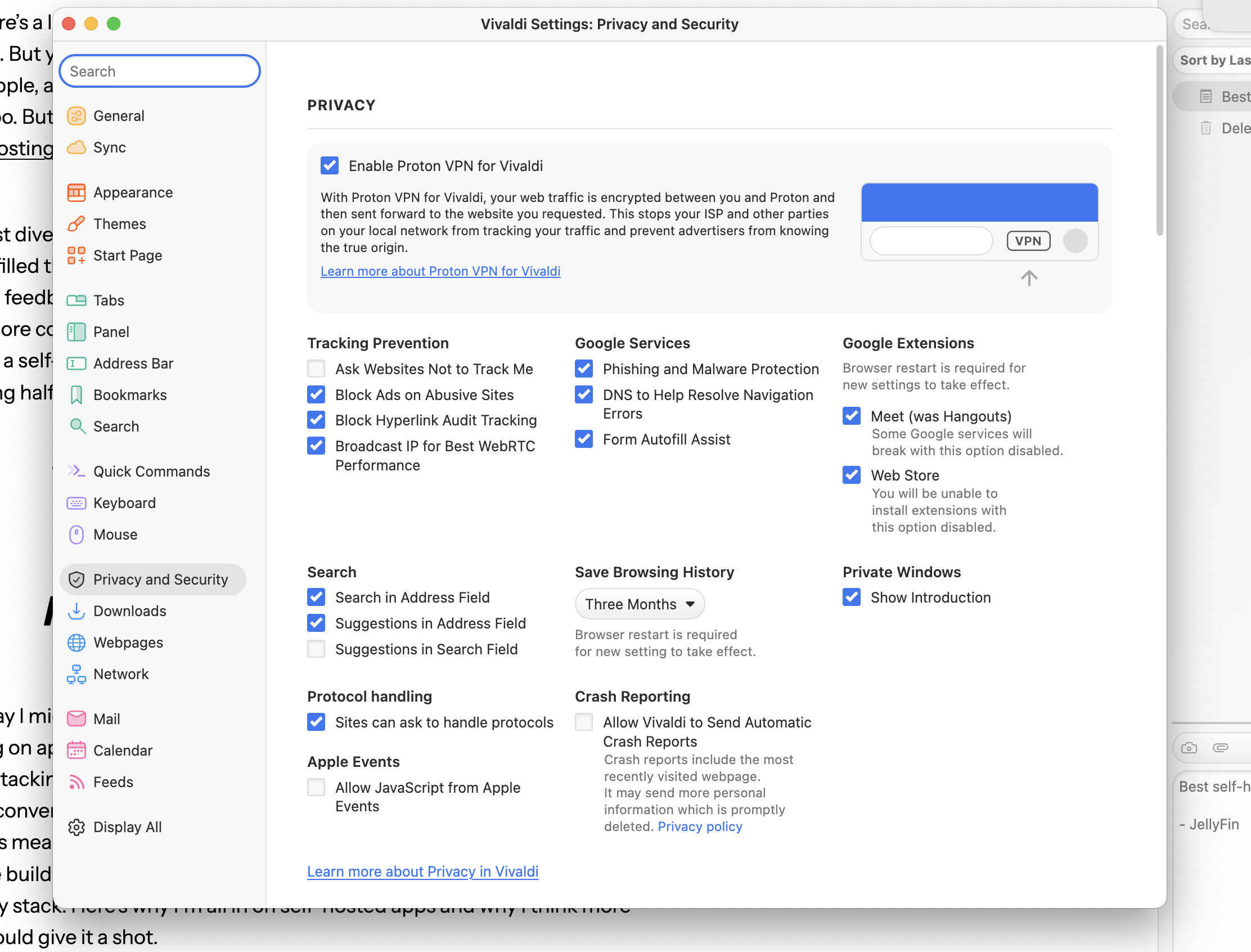 Configurações de privacidade Vivaldi