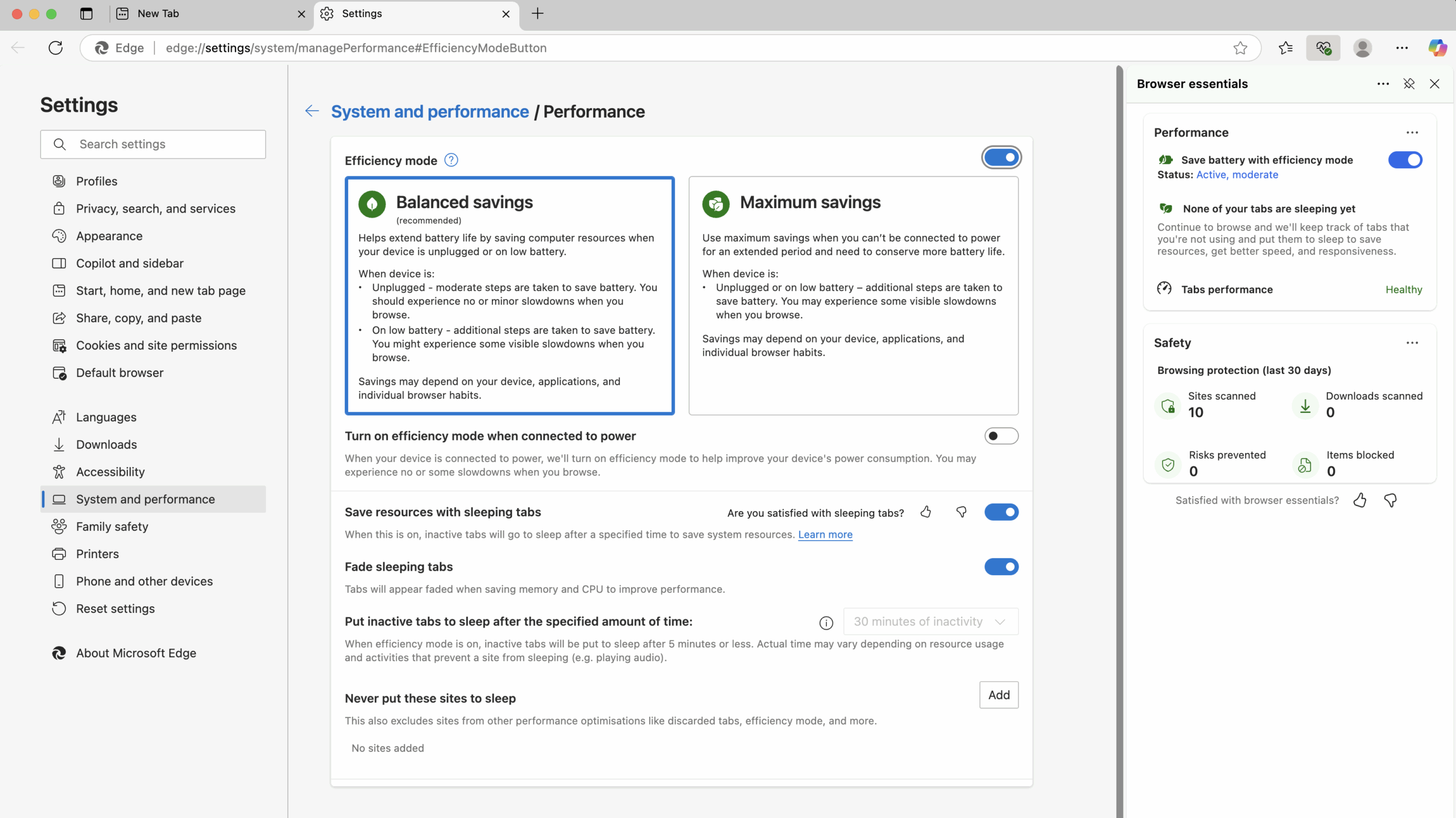 Modo de eficiência da Microsoft Edge