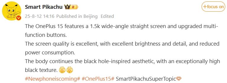 Pikachu inteligente no Weibo no OnePlus 15