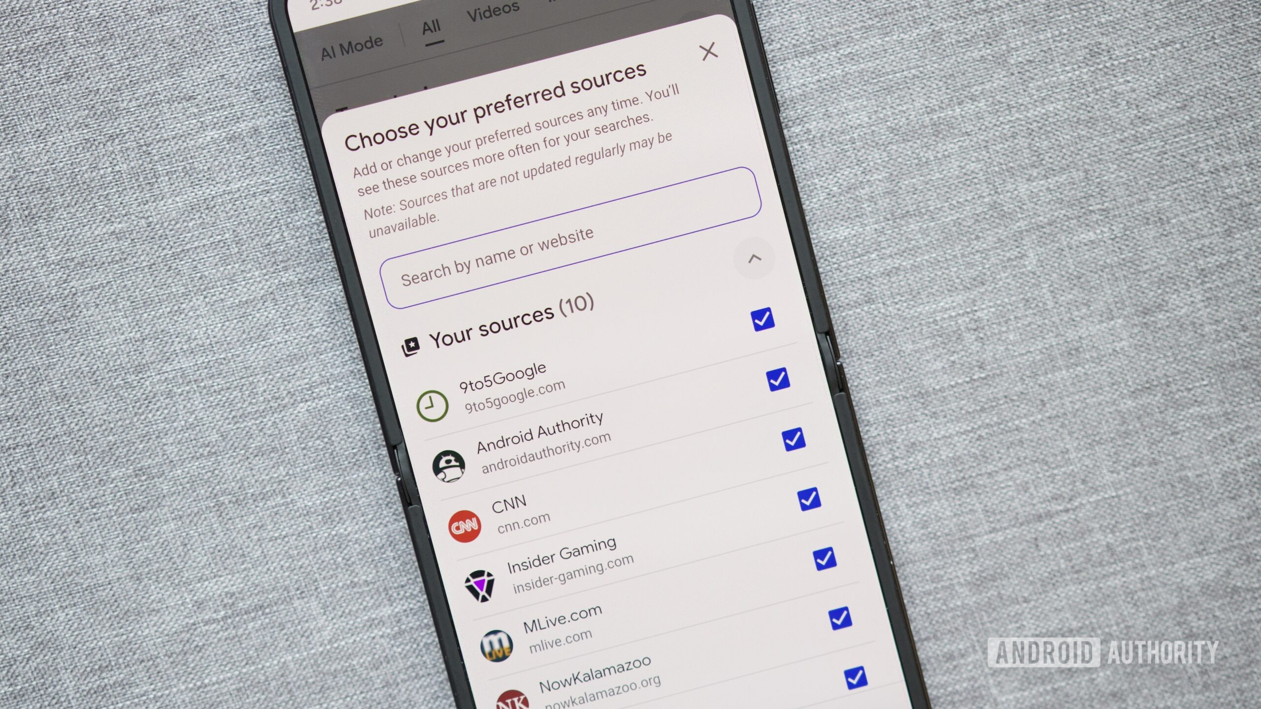 Pesquisa do Google, fontes preferidas Hero 7 Lista de fontes preferidas no aplicativo do Google.