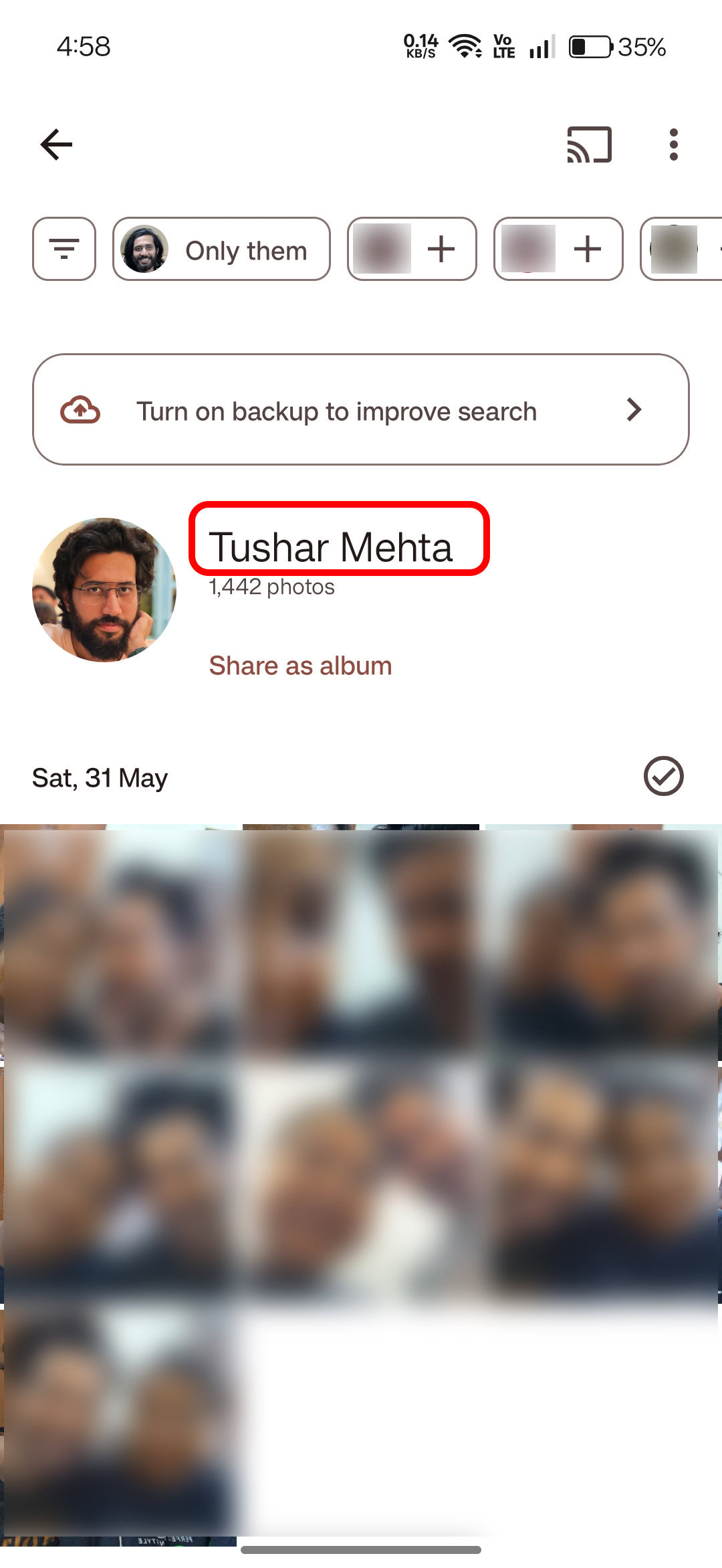 Google Fotos Nome seleção Opção atual