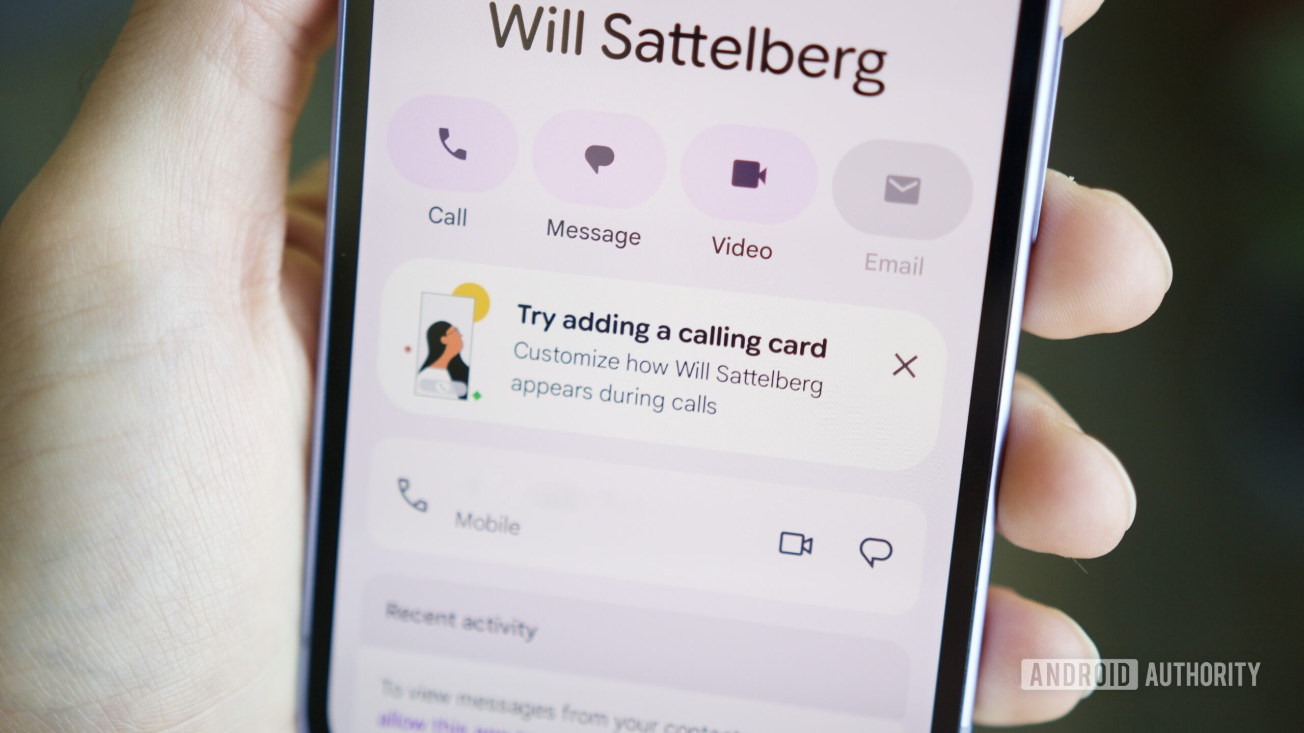 Google Calling Cards Hero 7 Prompt de cartão de chamada no aplicativo de contatos do Google.