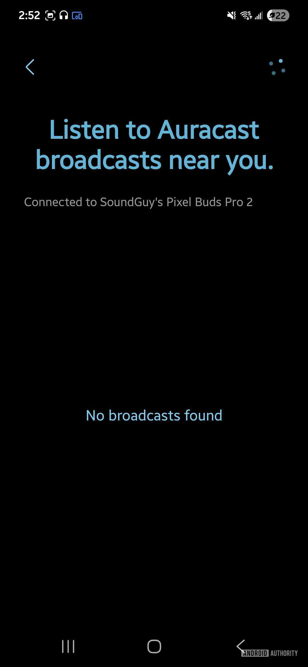 Procurando por Auracast Broadcast no Pixel Buds Pro 2 conectado ao Samsung Galaxy S25