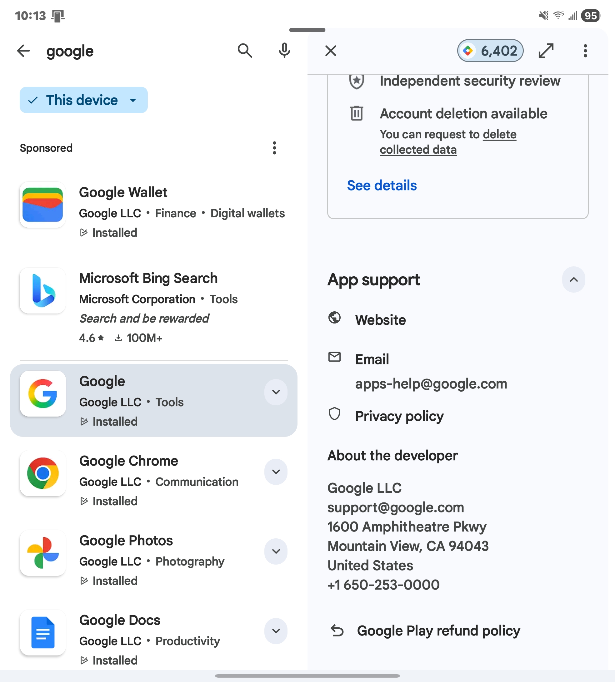 Listagem de lojas do Google Play mostrando informações do desenvolvedor