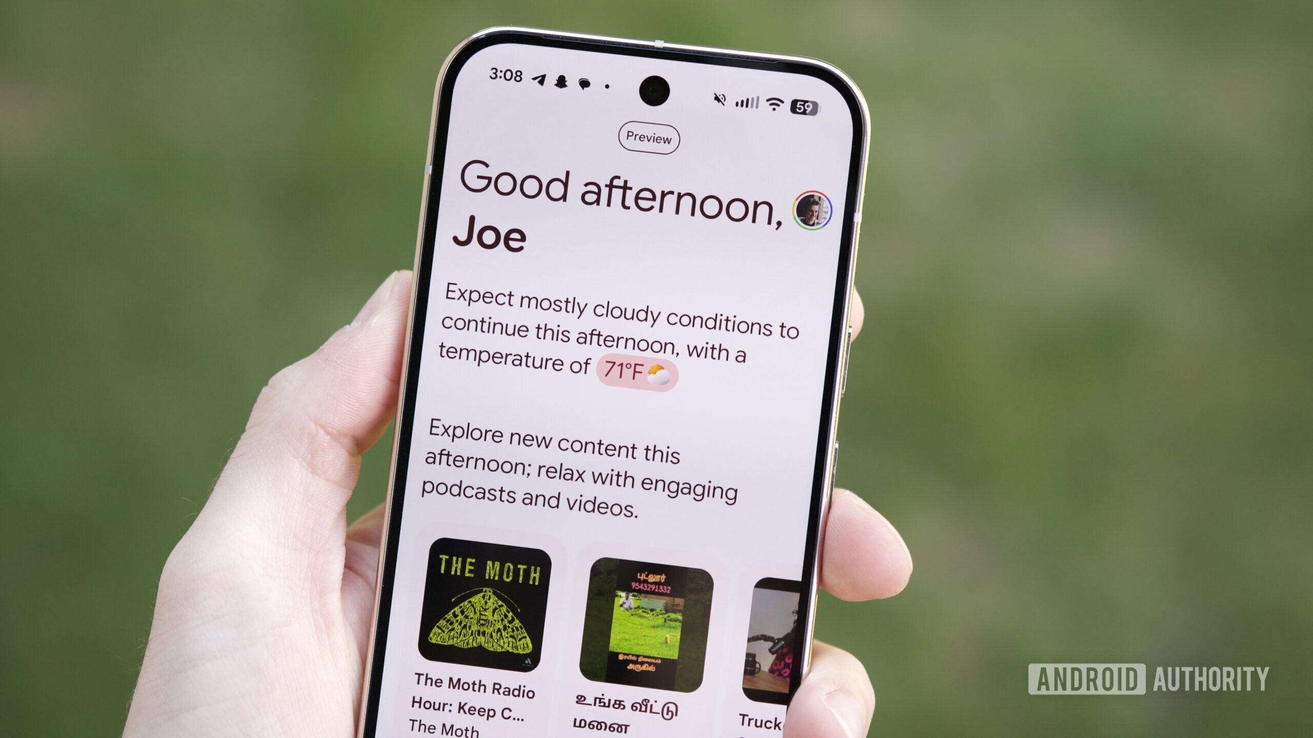 Hub diário em execução em um Google Pixel 10 Pro.