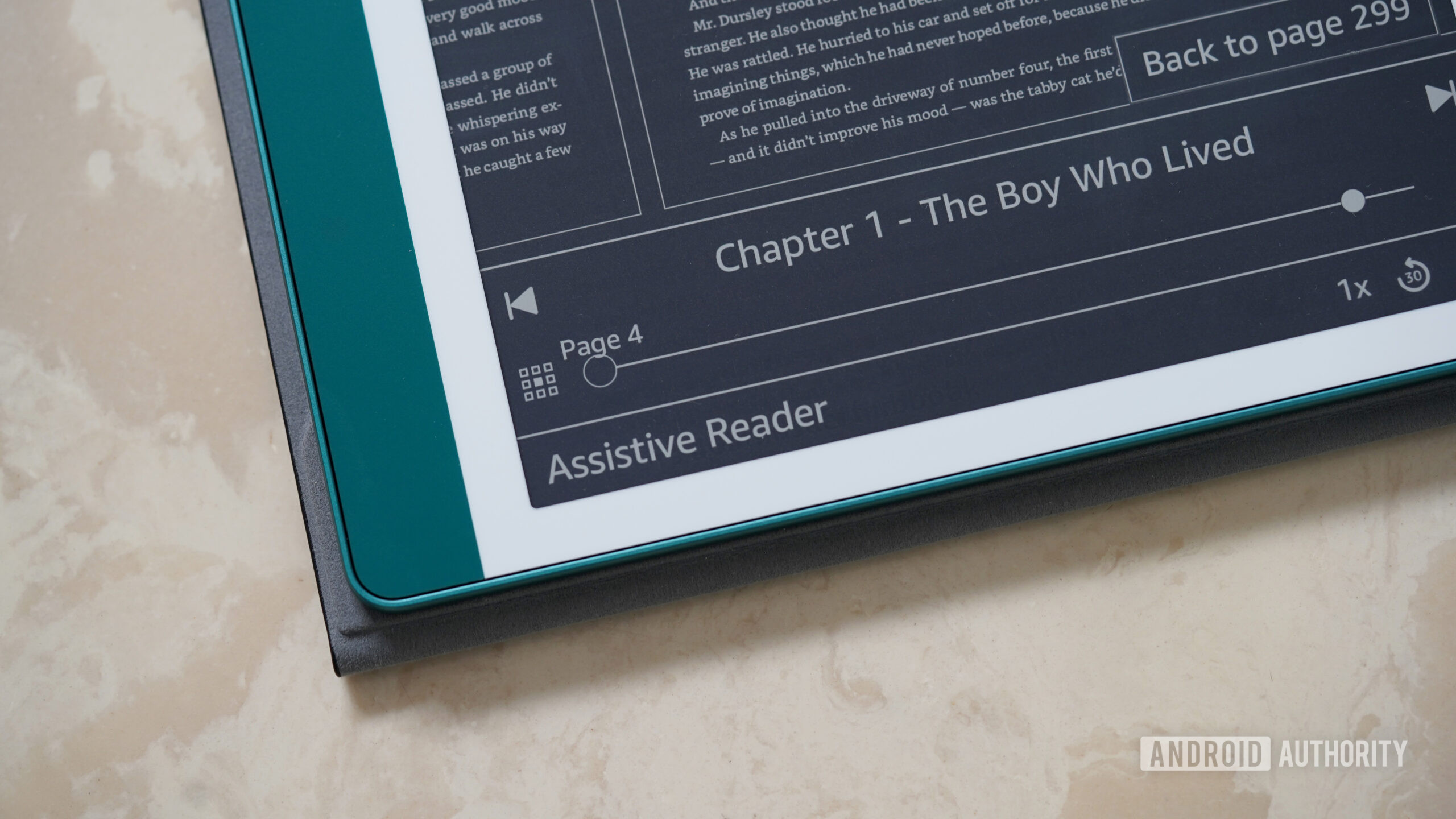 Amazon Kindle Assistive Reader Um Scribe Amazon Kindle exibe o menu Leitor de assistência.