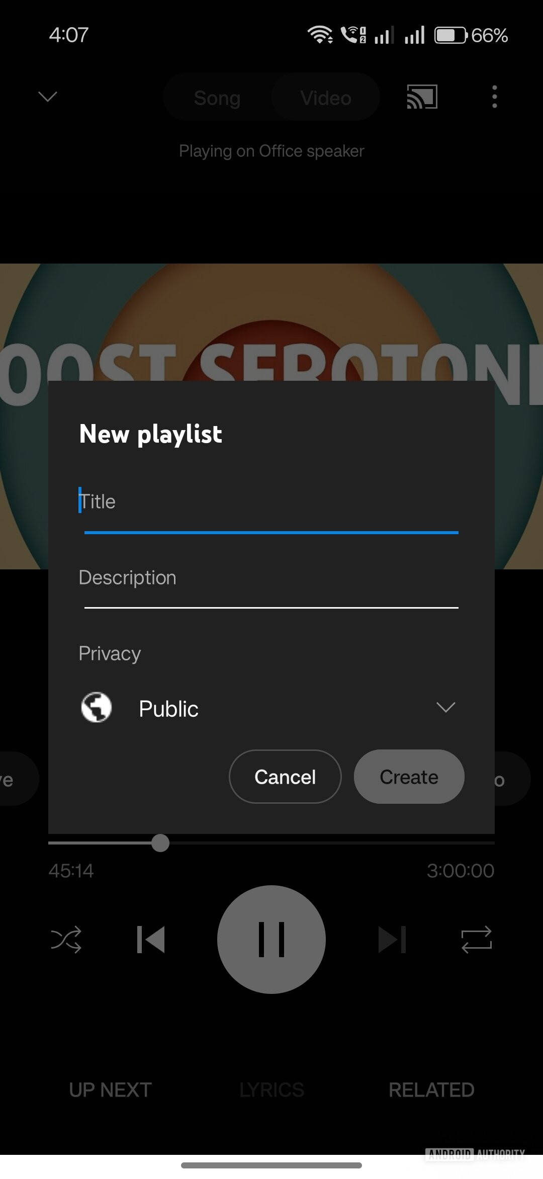 Música do YouTube Criar lista de reprodução