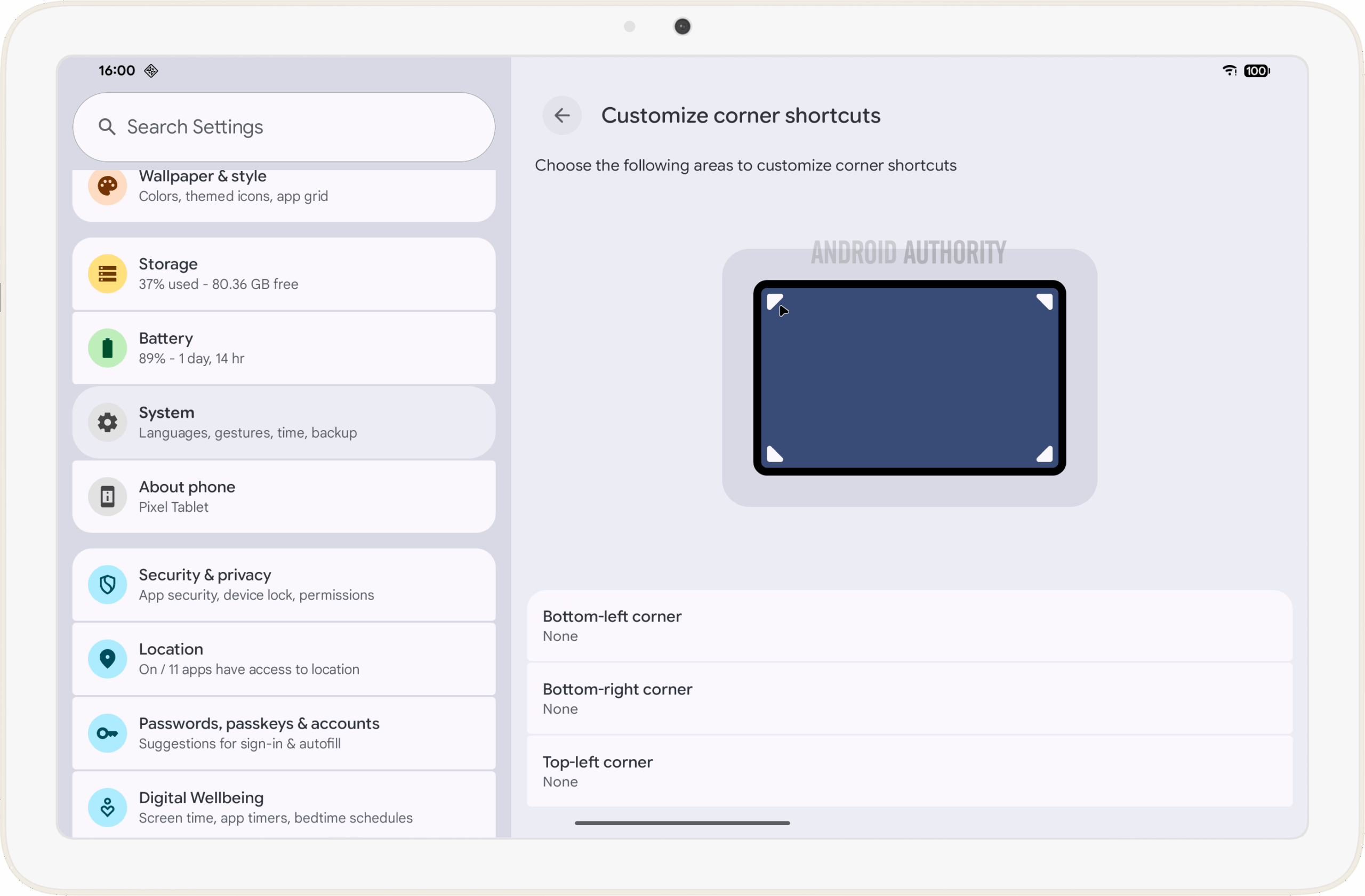 Personalize as configurações de atalho de canto em julho de 2025 Android Canary Build