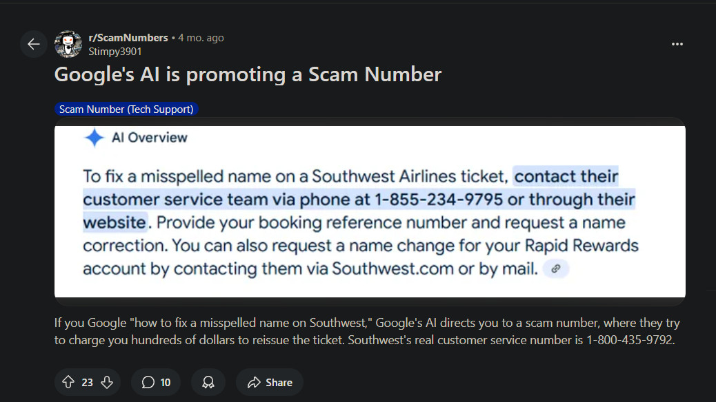 Postagem do usuário do Reddit sobre o número de fraudes na visão geral da AI Postagem do usuário do Reddit sobre o número de fraudes na visão geral da AI