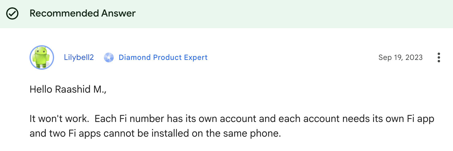 Suporte da comunidade sem fio do Google FI Uma captura de tela mostrando uma resposta a uma pergunta sobre o suporte do Dual-SIM no Google FI