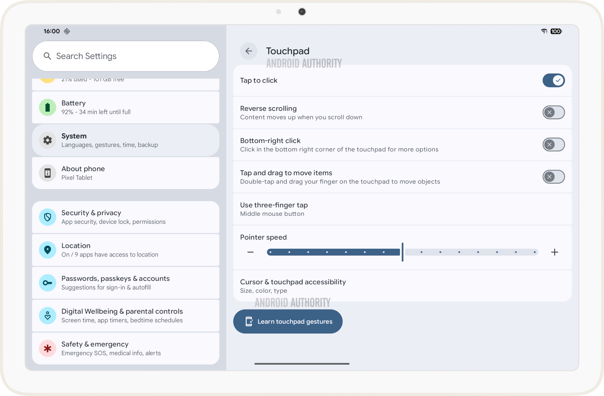 Configurações do touchpad no Android 16 QPR1