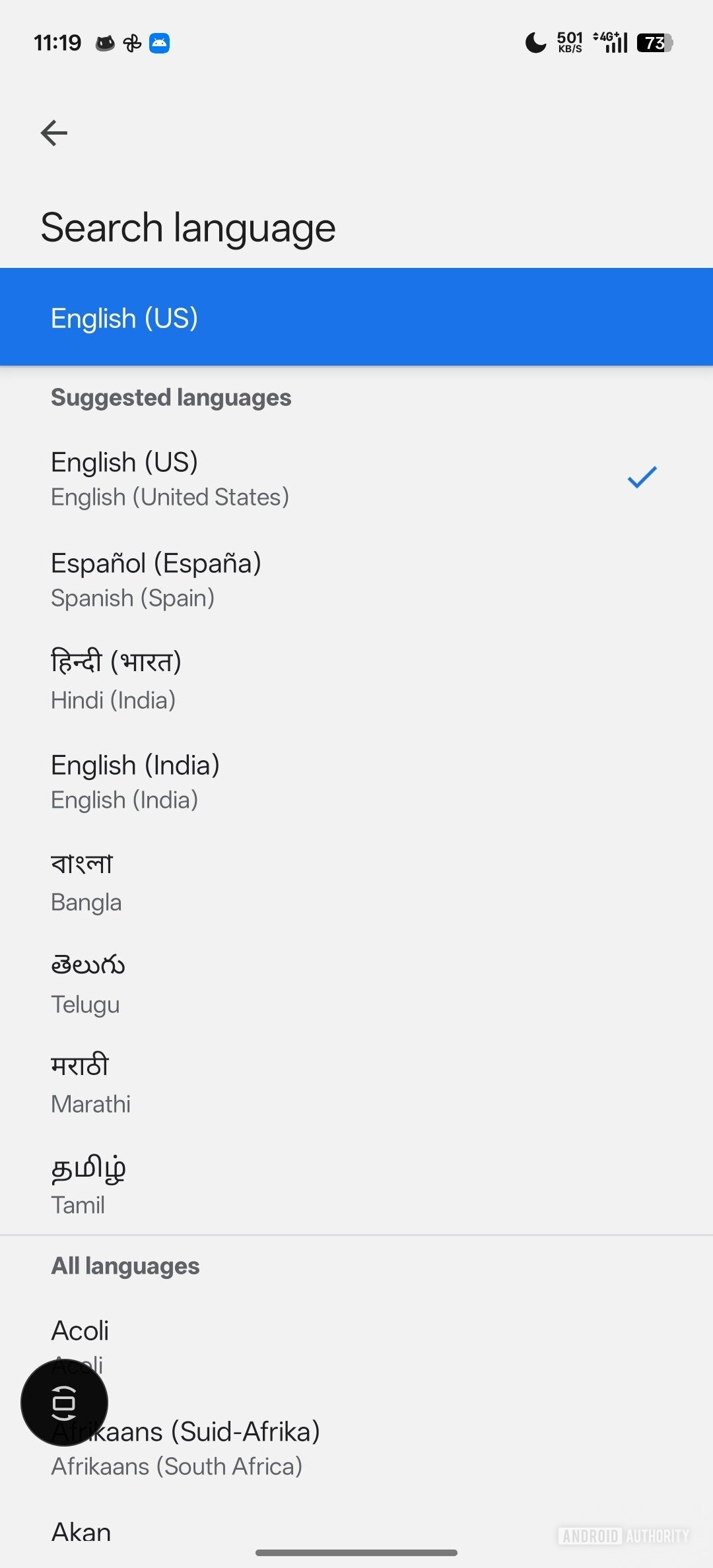 Google Descubra uma seleção de idioma
