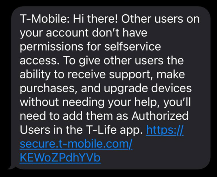 T Mobile sobre a mensagem de texto de usuários autorizados T Mobile sobre a mensagem de texto de usuários autorizados