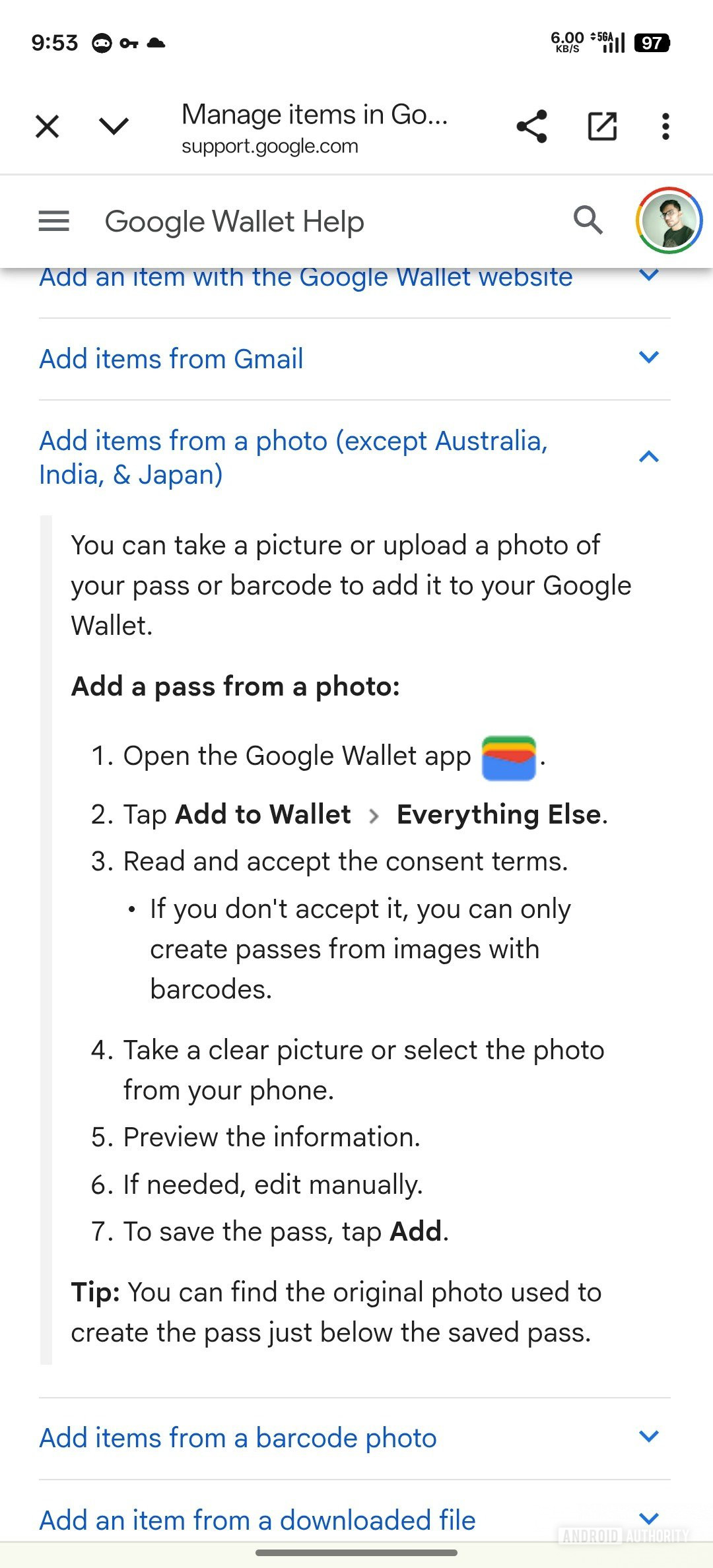 Página de suporte à carteira do Google