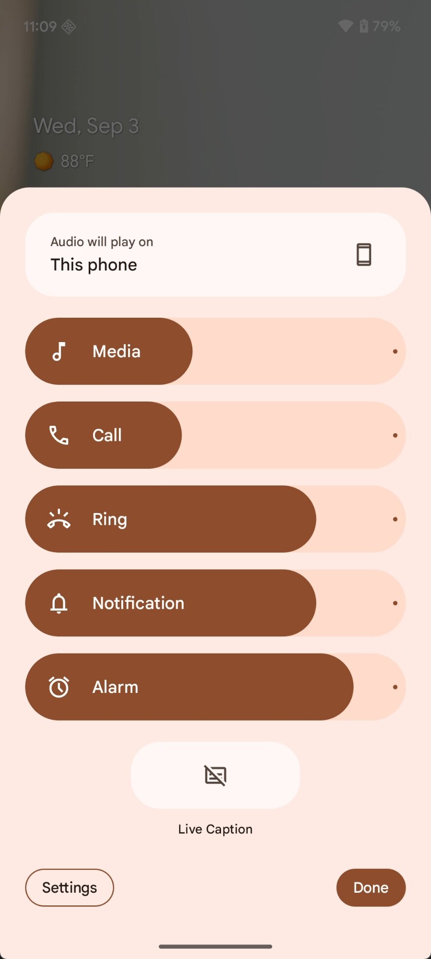 Painel de volume no Android 16