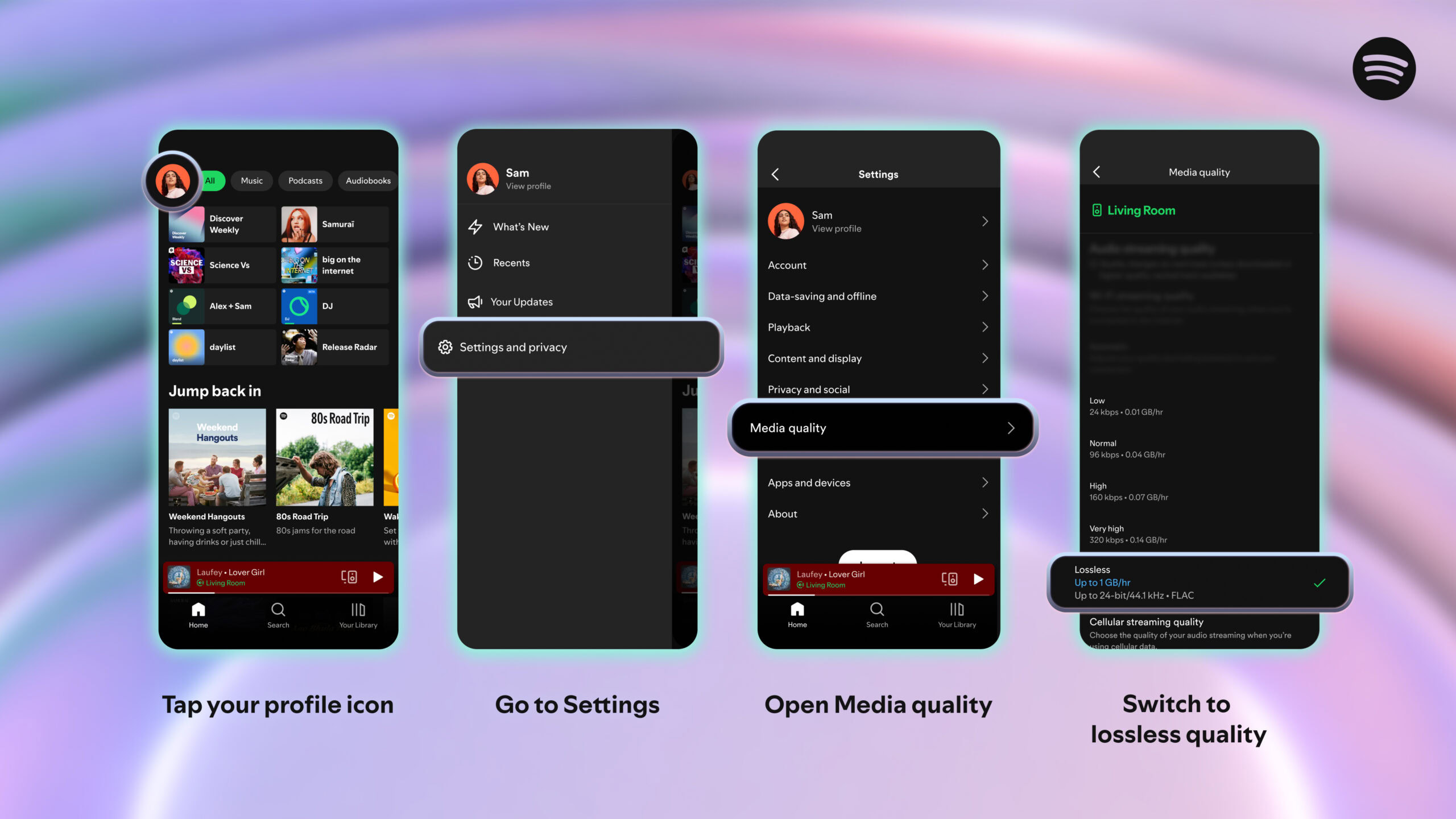 Spotify Premium, permitindo sem perdas por meio de configurações de perfil