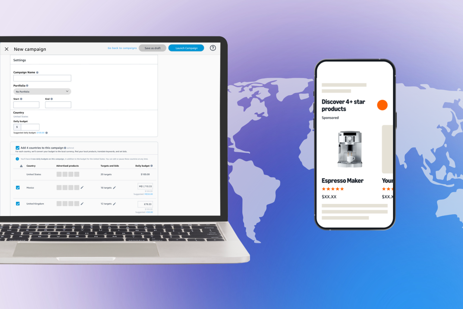 Escala globalmente, anuncie localmente com anúncios da Amazon