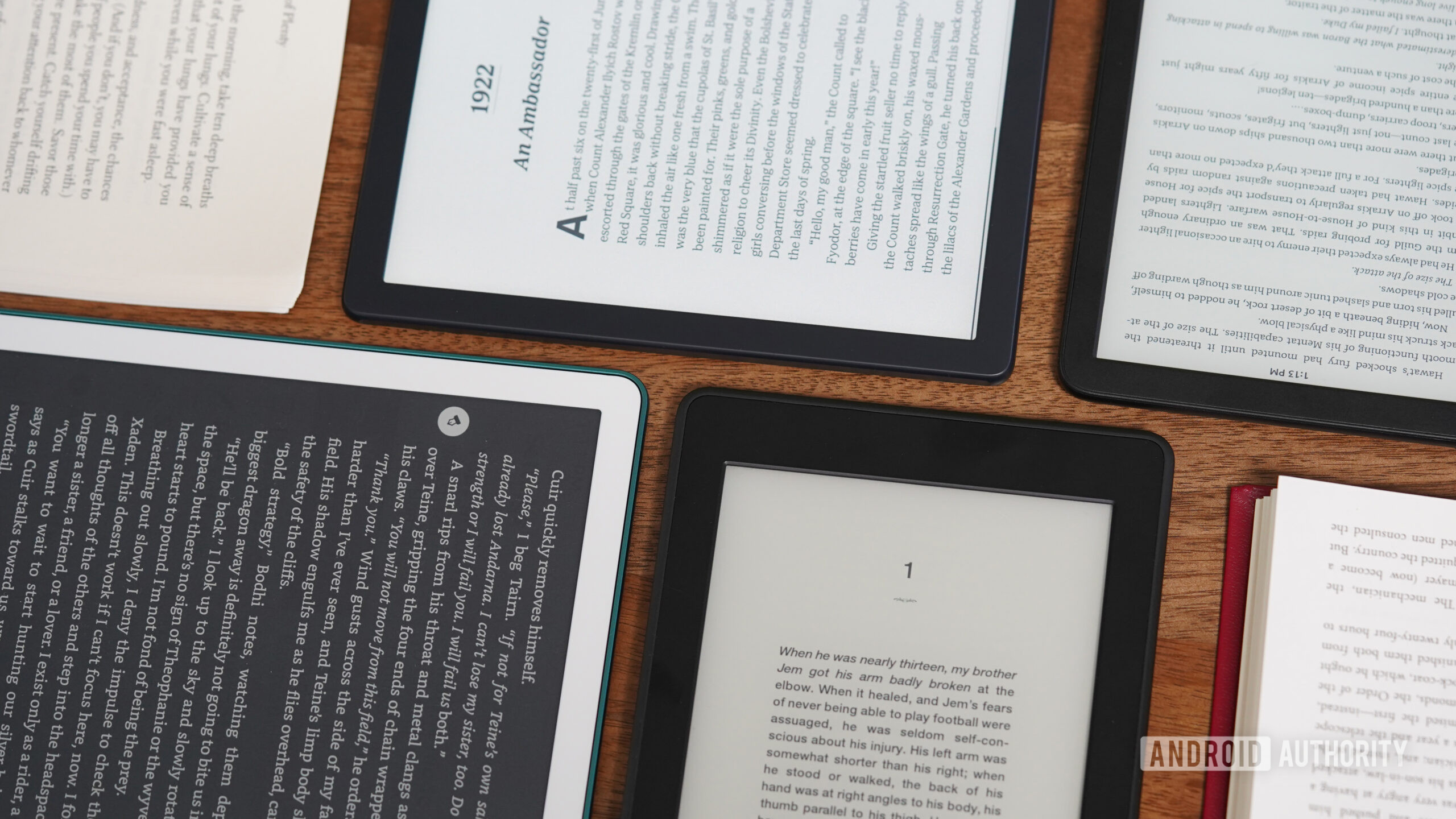 E dispositivos de tinta Leitura Uma variedade de dispositivos de tinta eletrônica exibe livros.