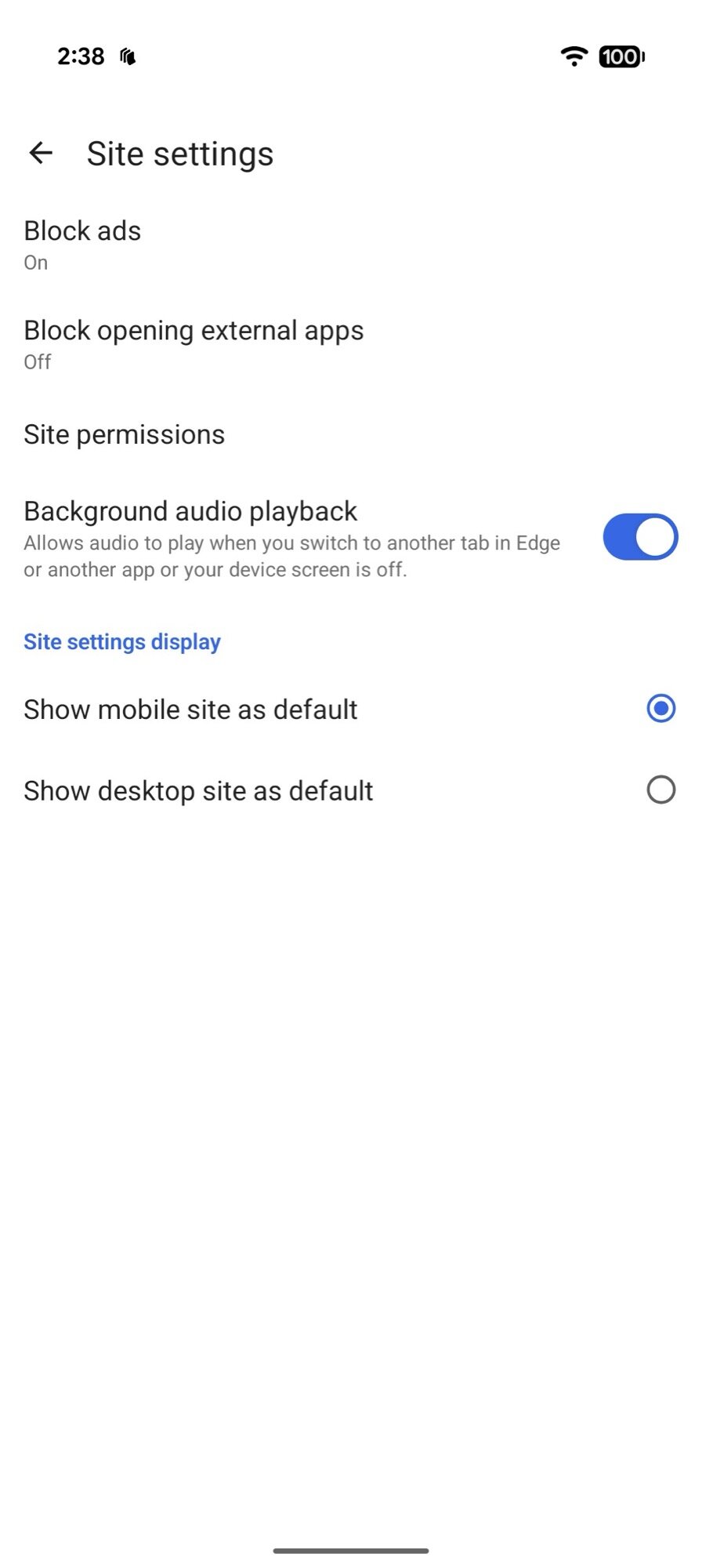 Microsoft Edge Canário Configurações do site Bloco ADS Playback de áudio em segundo plano