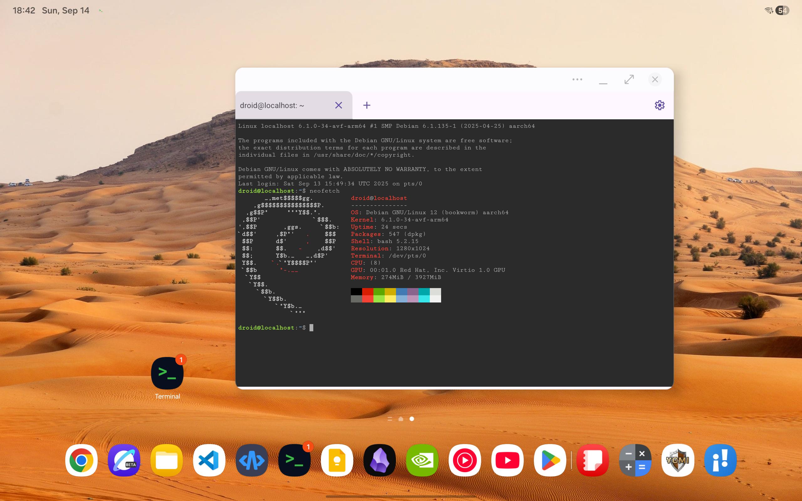 App Linux Terminal em execução no Galaxy Tab S11