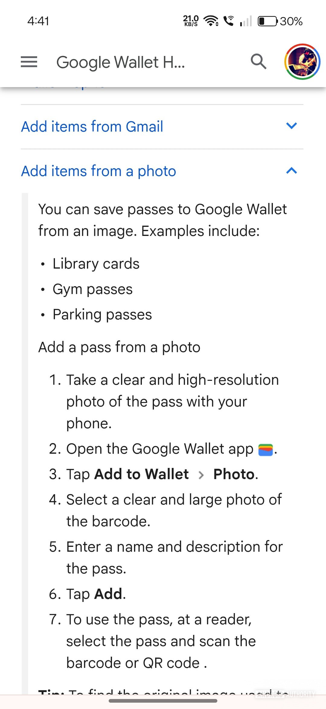 Página de suporte à carteira do Google antiga