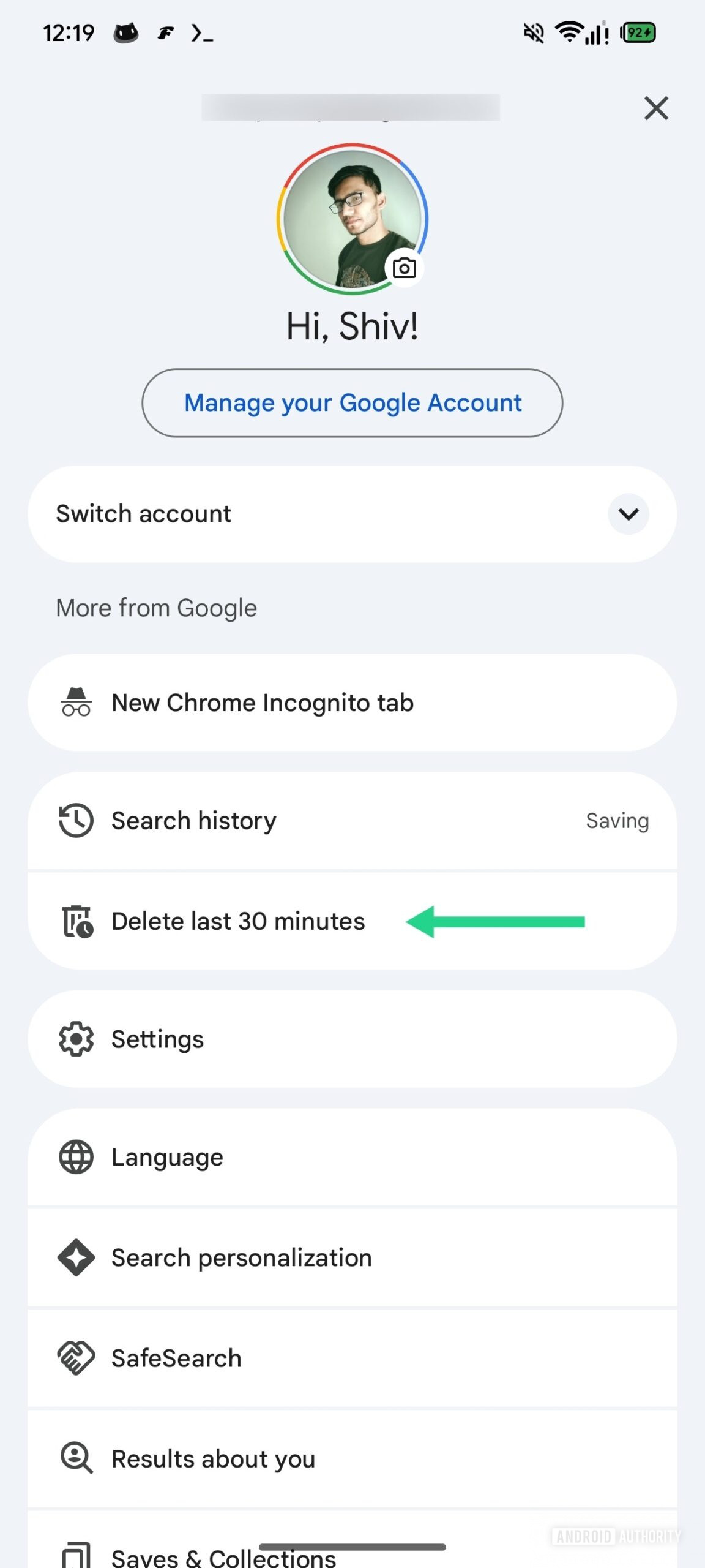 Actividade do Google Exclua 30 minutos