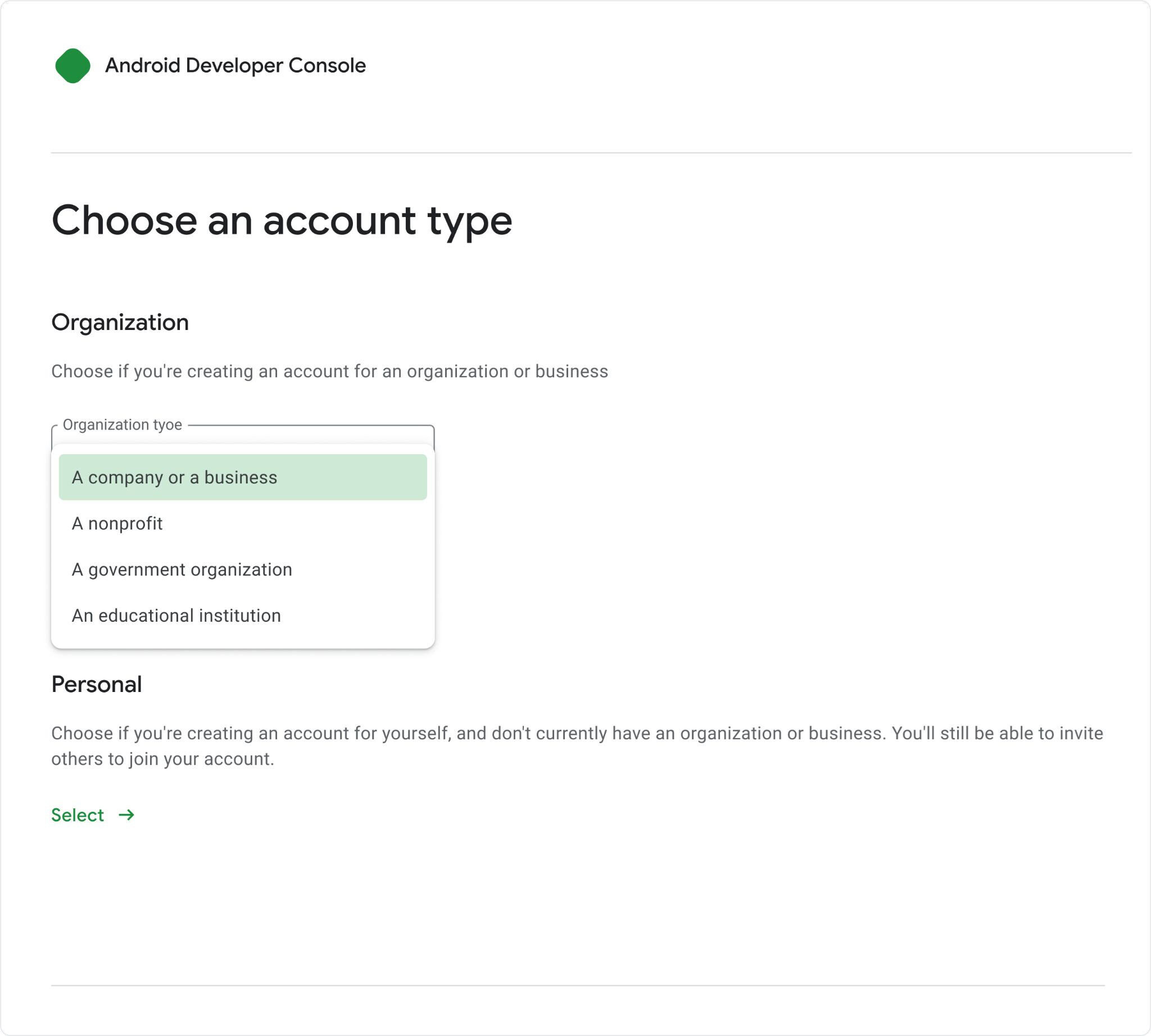 Tipo de conta do console de desenvolvedor Android