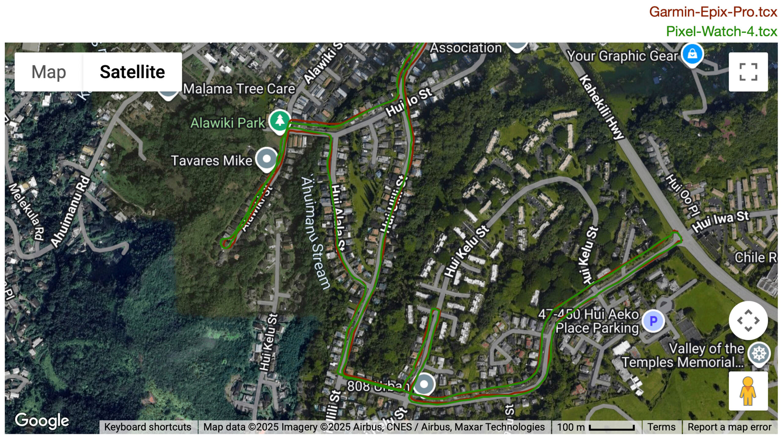 Relógio Pixel 4 GPS 2 Um mapa GPS mostra o GPS do Pixel Watch 4 em comparação com um Garmin Epix Pro.