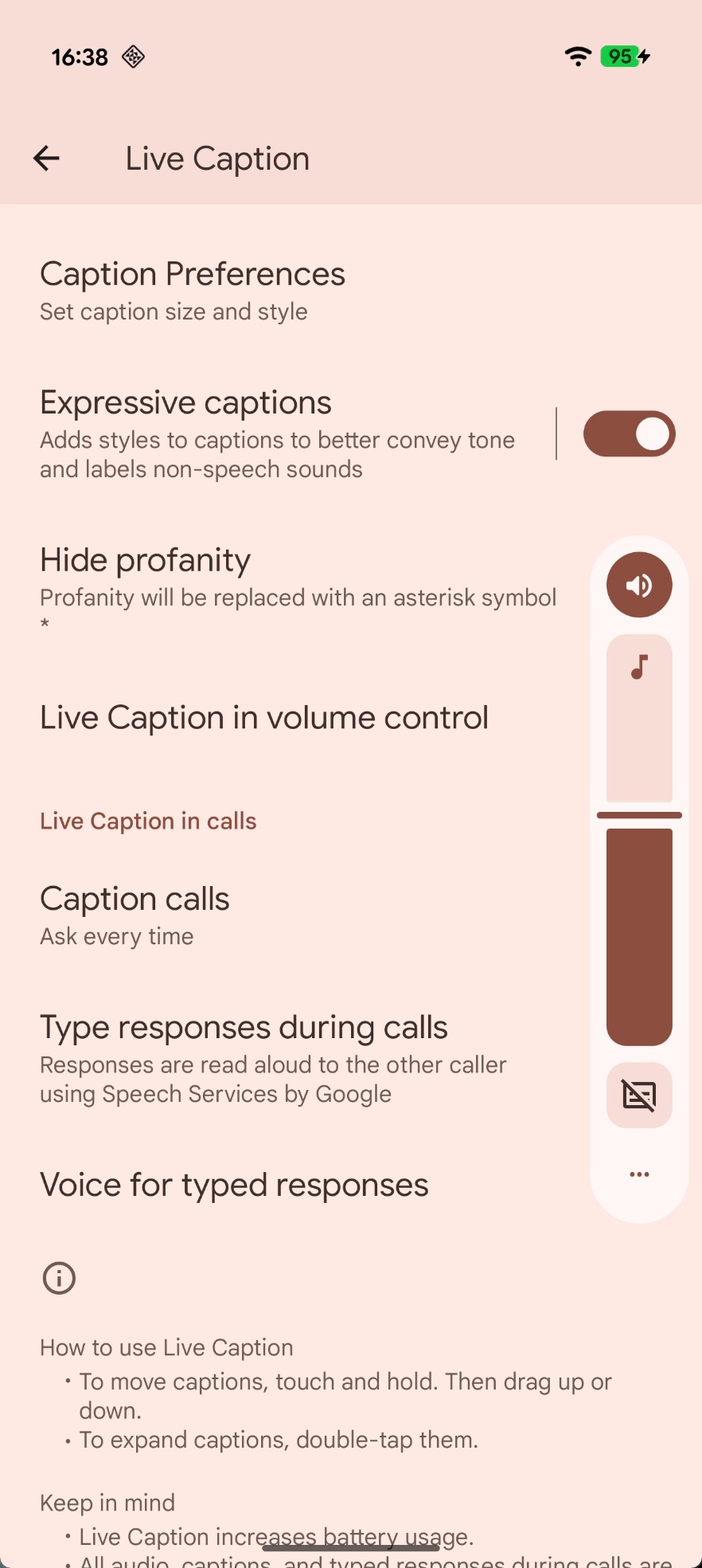 Botão Live Caption no controle deslizante de volume no QPR2 Beta 3