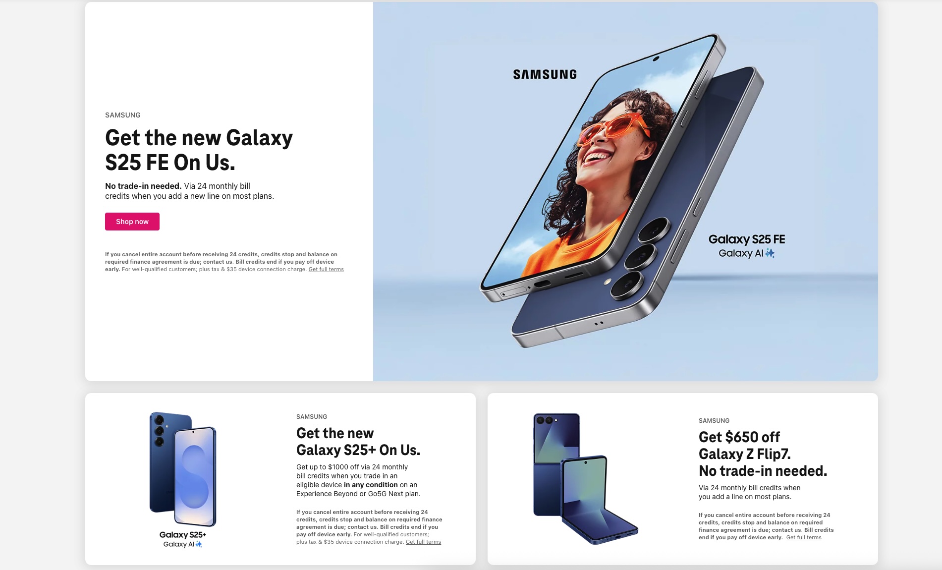 Captura de tela de ofertas de smartphones no site da T-Mobile.