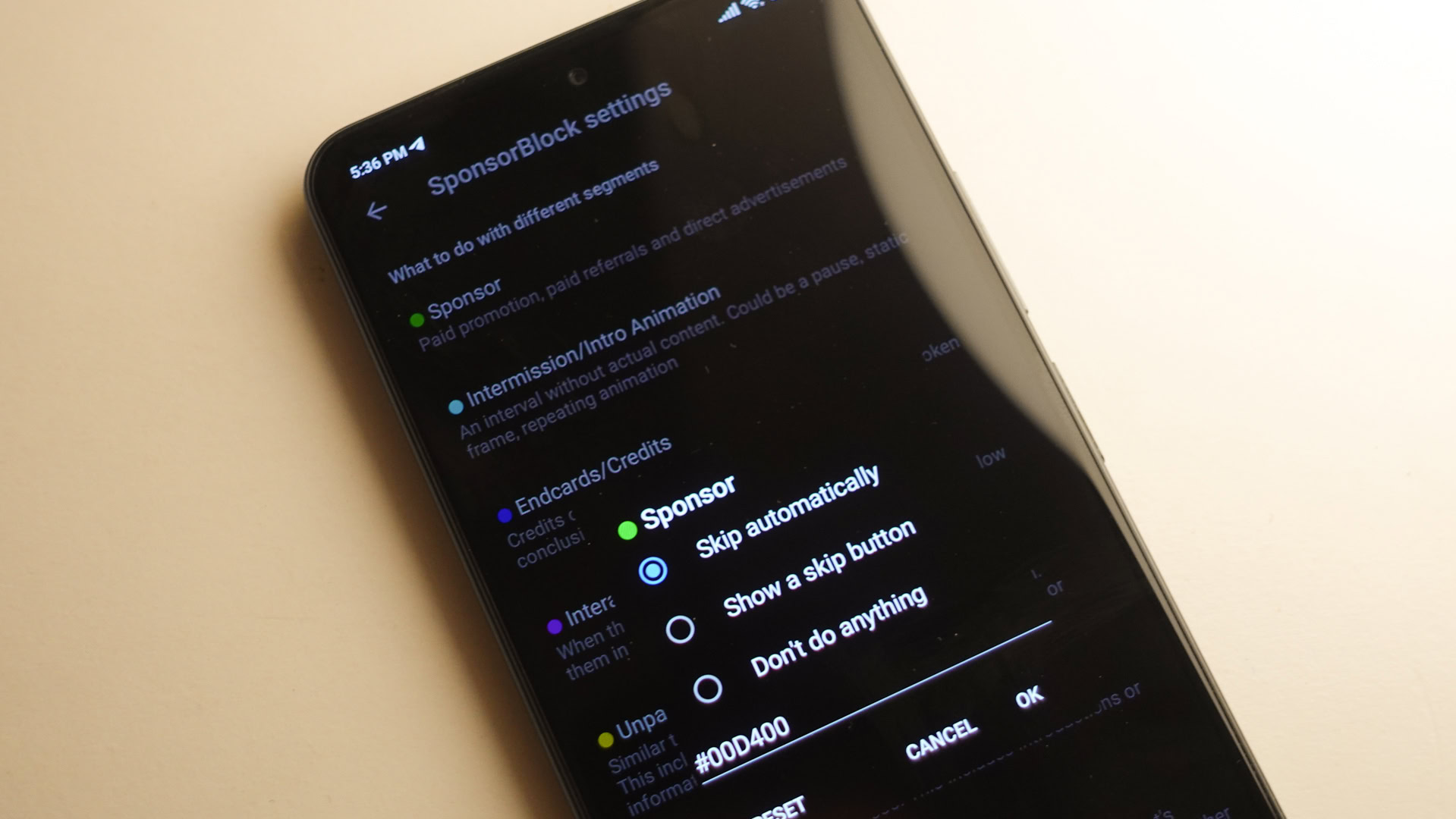 menu de configurações do youtube vanced patrocinadorblock