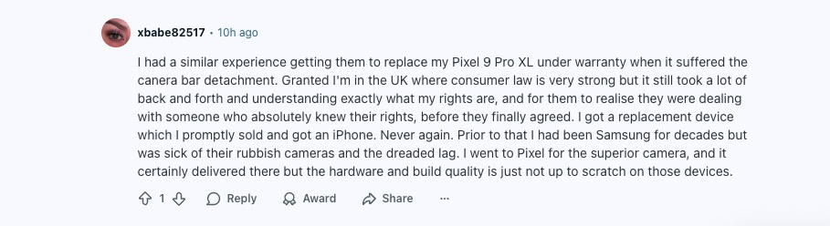 Captura de tela de um comentário do Reddit sobre o suporte ao cliente do Google para dispositivos Pixel.