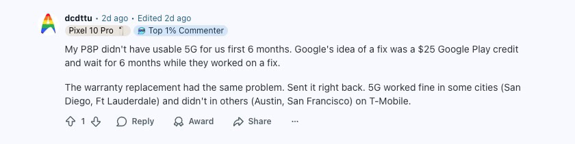 Captura de tela de um comentário do Reddit sobre o suporte ao cliente do Google para dispositivos Pixel.
