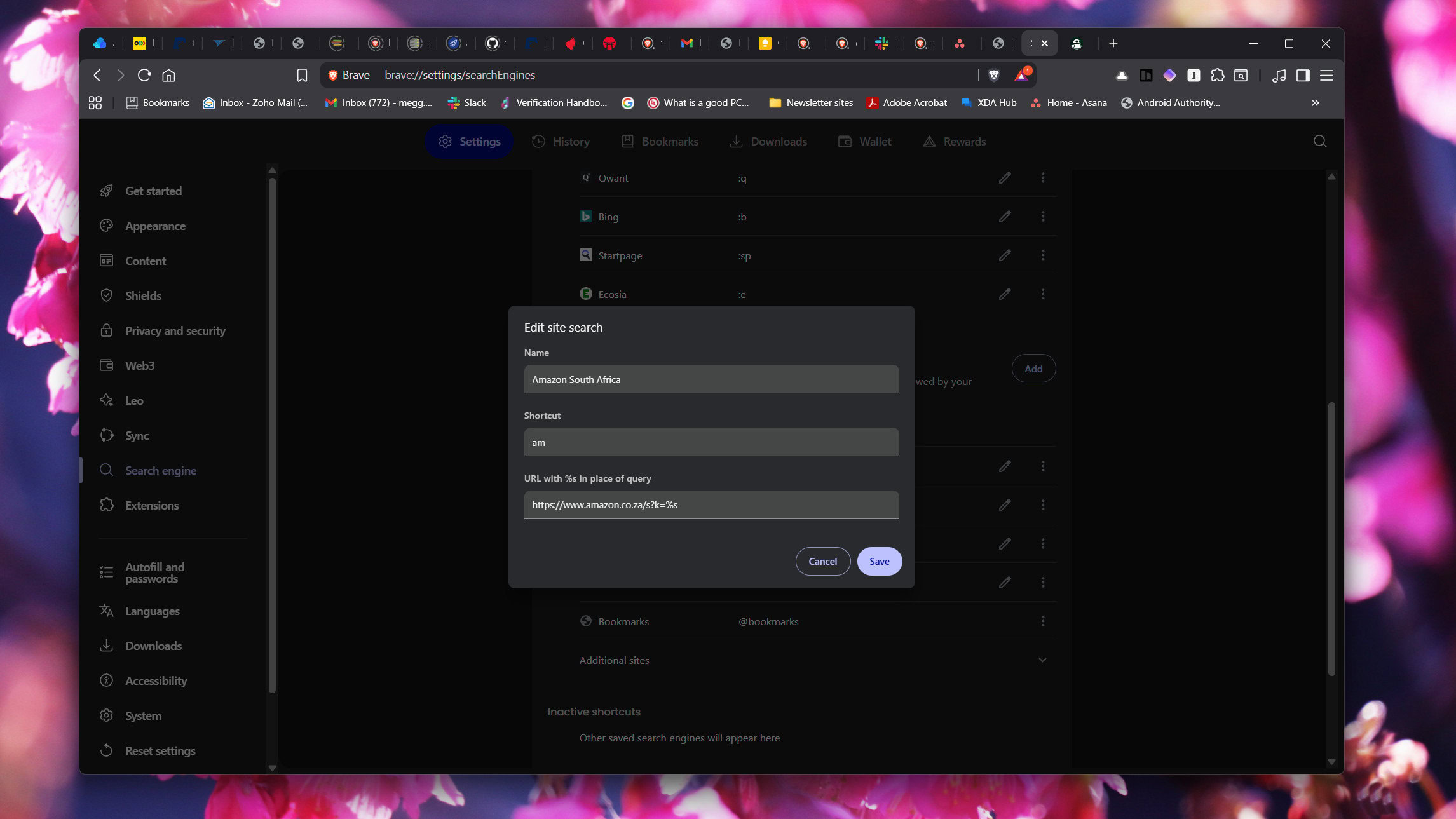 um atalho de pesquisa de site personalizado em Brave
