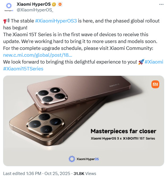 Twitter de anúncio de lançamento do Xiaomi HyperOS 3