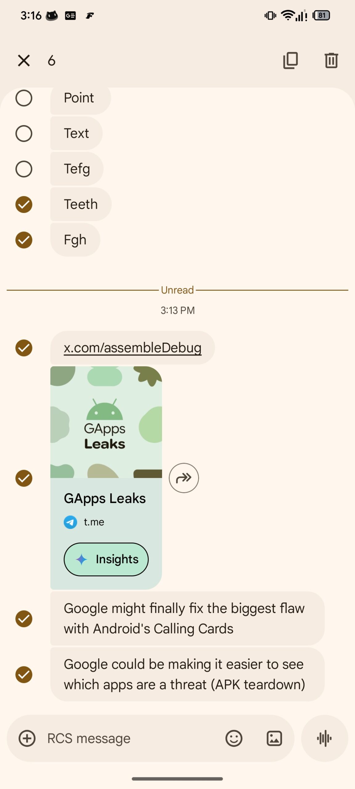 O novo menu de contexto na versão beta do aplicativo Mensagens do Google.