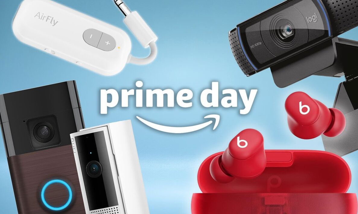 Itens tecnológicos em torno de um logotipo do Prime Day. Itens tecnológicos em torno de um logotipo do Prime Day.