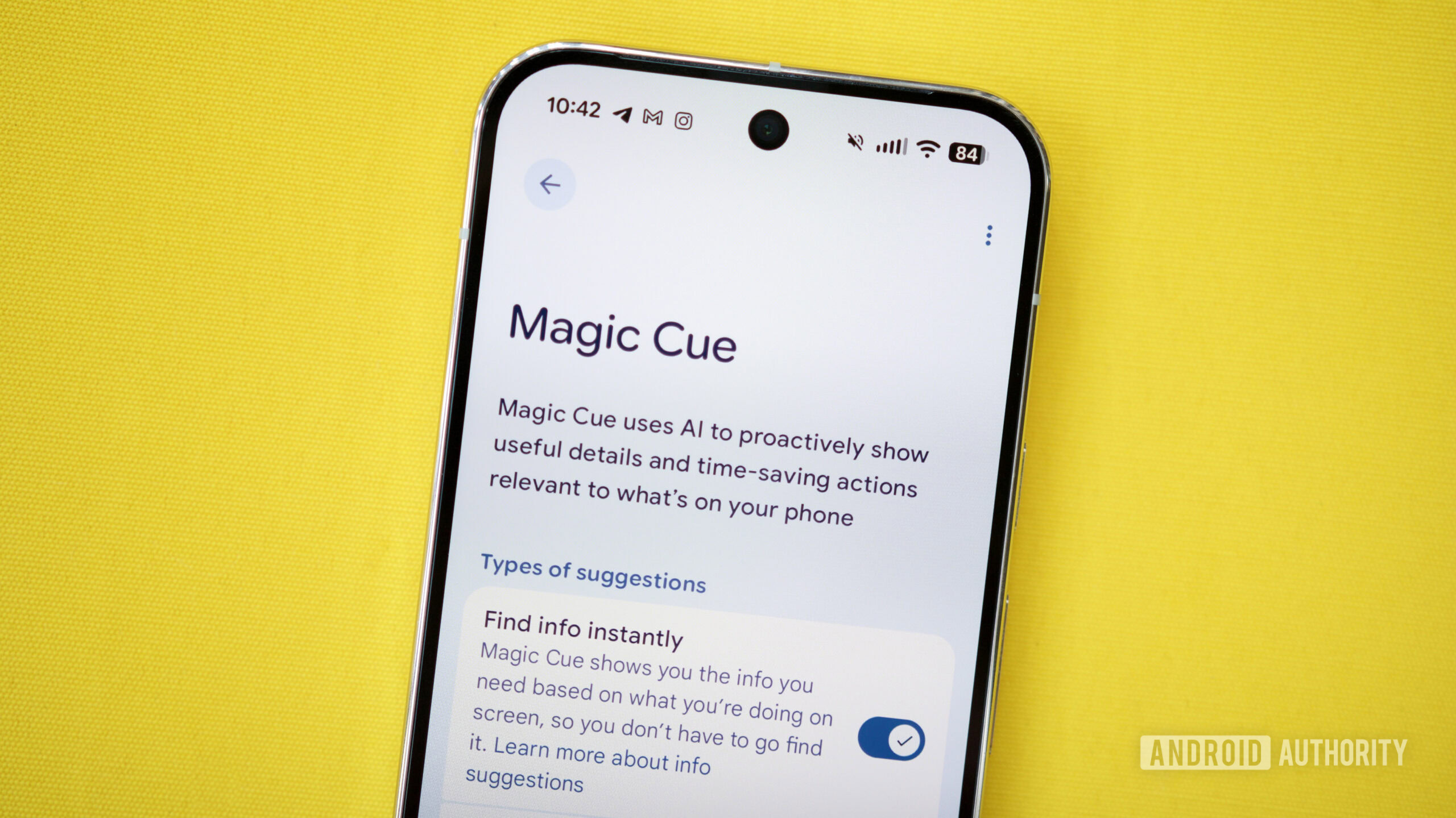 Página Magic Cue no aplicativo Configurações em um Pixel 10 Pro.