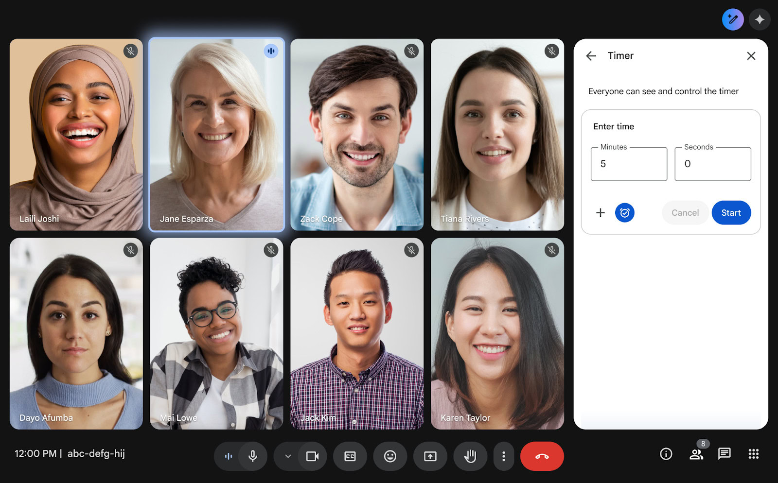 Google Conhece os temporizadores Uma reunião do Google se reunindo com os controles do timer visível.