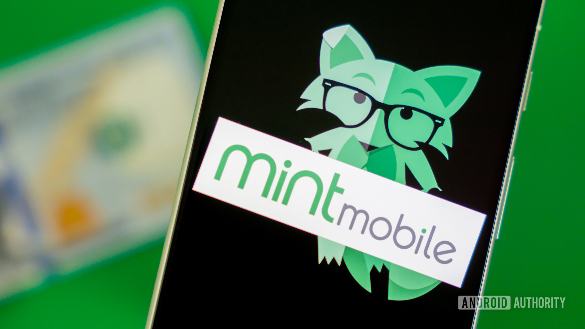Foto stock de Mint Mobile fox no telefone com dinheiro 1 Foto stock de Mint Mobile fox no telefone com dinheiro 1