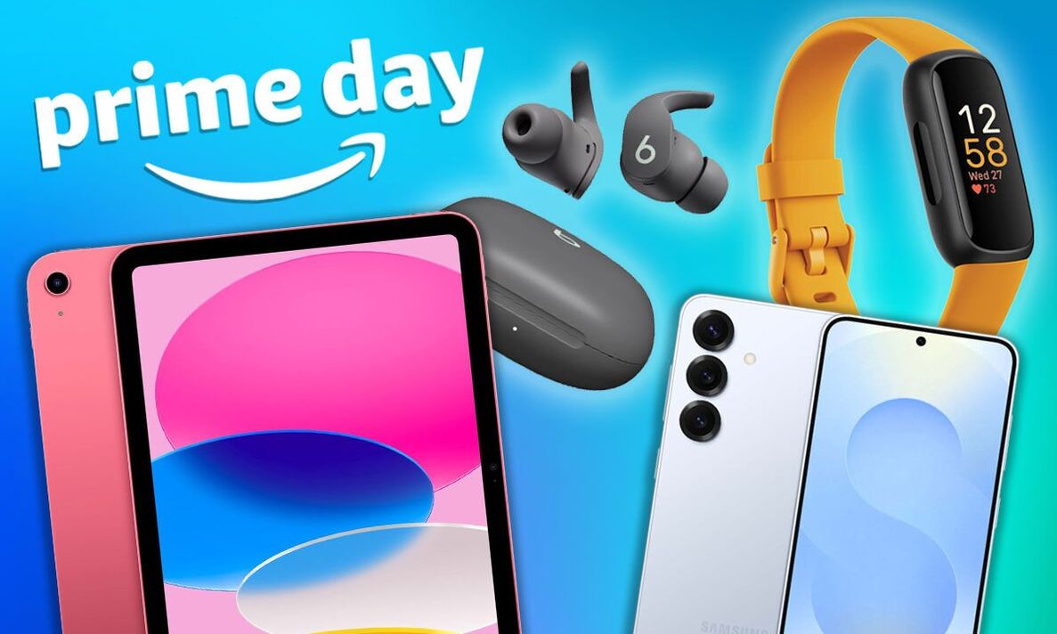 Logotipo do Prime Day com iPad e outros itens de tecnologia. Logotipo do Prime Day com iPad e outros itens de tecnologia.