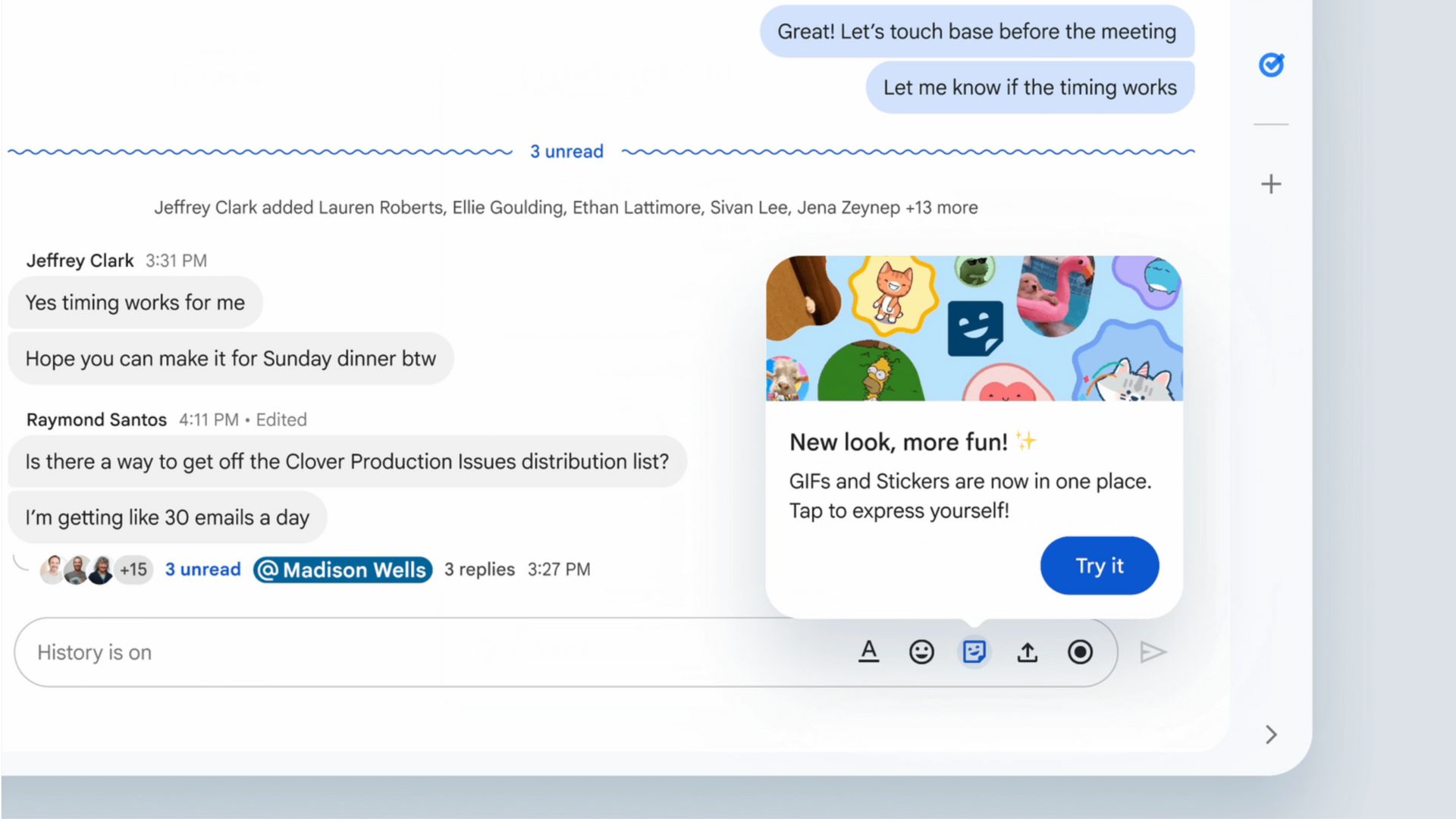 Atualização de adesivos do Google Chat Gifs Chat do Google mostrando uma interface combinada de GIFs e adesivos.