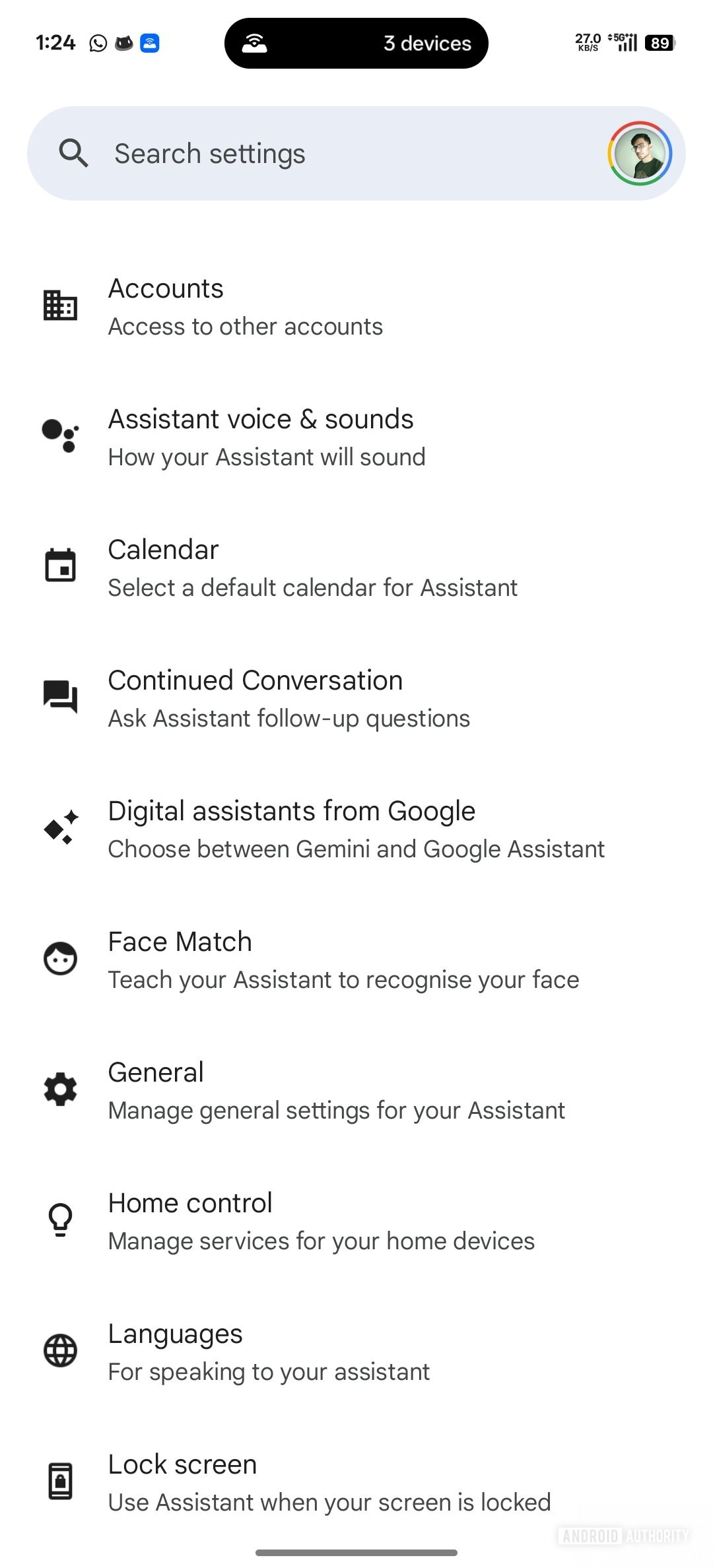 Configurações do Google Assistente Tela de escolha para assistentes digitais