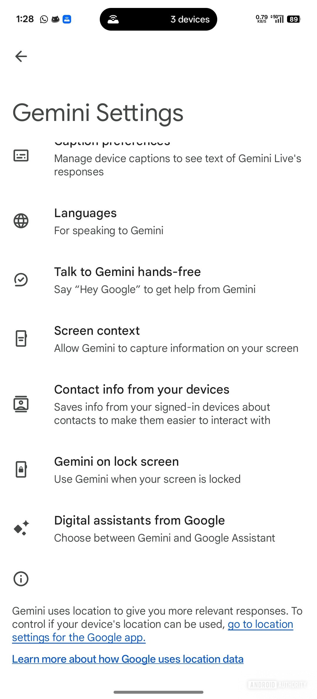 Configurações do Gemini Tela de escolha para assistentes digitais