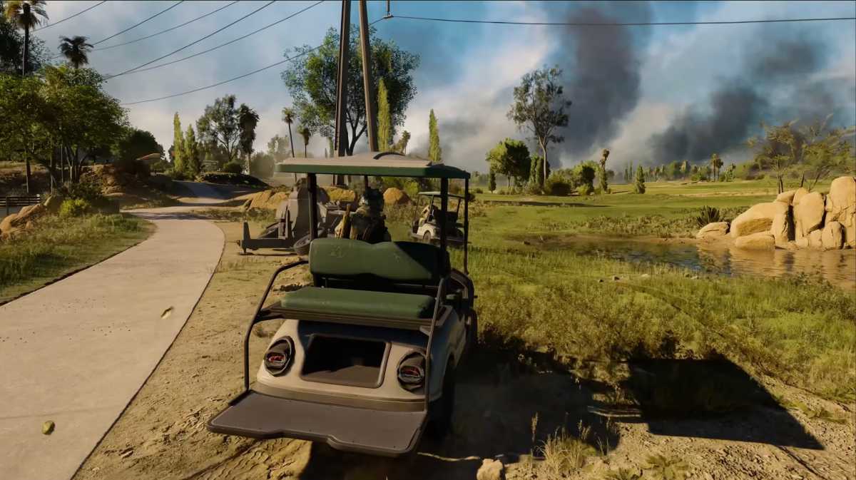 Os carrinhos de golfe não oferecem nenhuma proteção, mas são muito manobráveis. Com um bom timing podemos correr por uma colina, agarrar o C4, saltar - pressionar o botão e bum o leopardo vai.