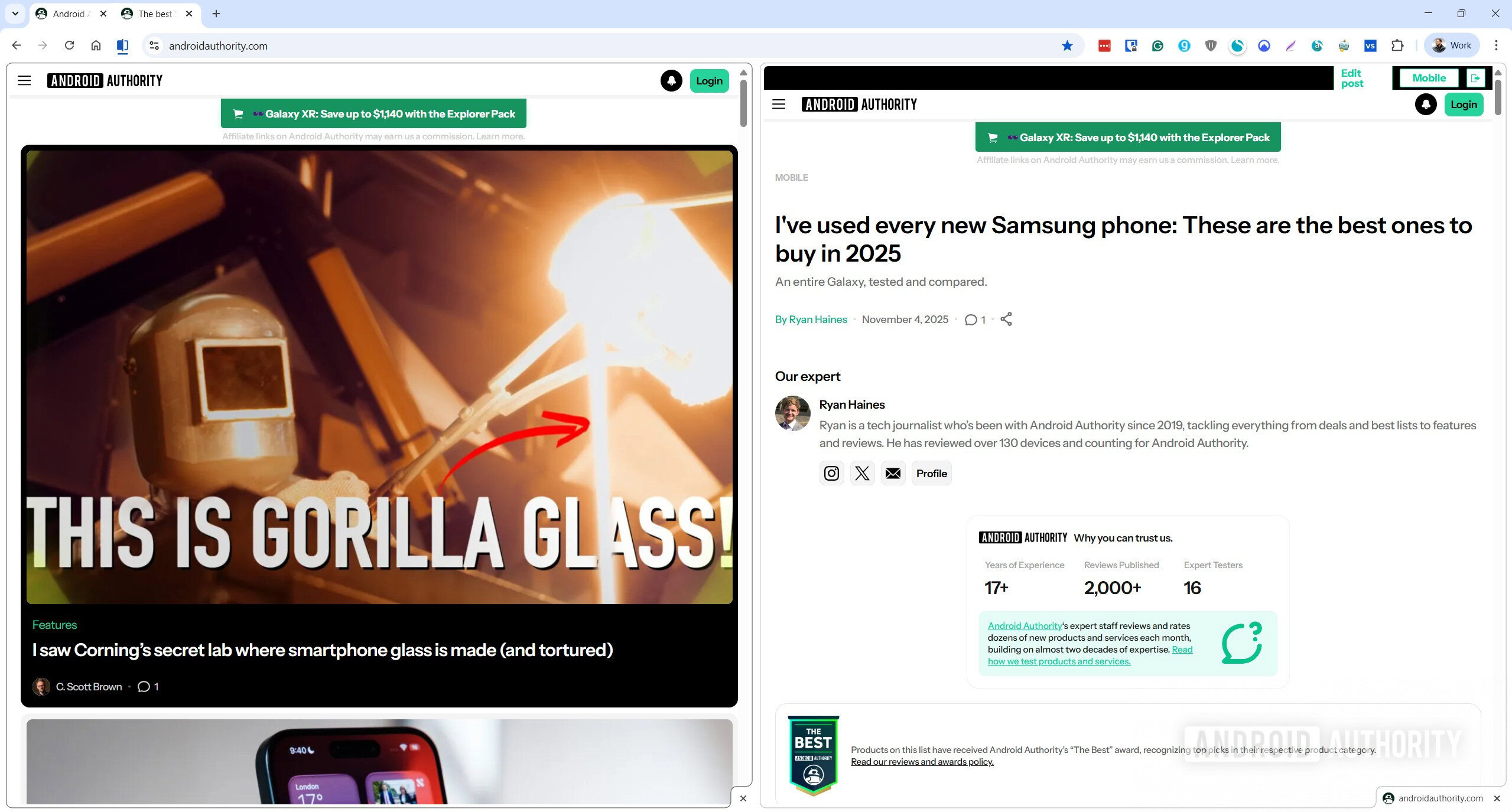 Captura de tela da visualização dividida do Chrome