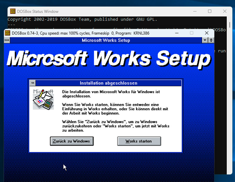 O antecessor do Office, Microsoft Works (1988), incluía processador de texto, planilha e banco de dados e ainda pode ser facilmente instalado no DOSBox no Windows 3.1. A operação também funciona perfeitamente.