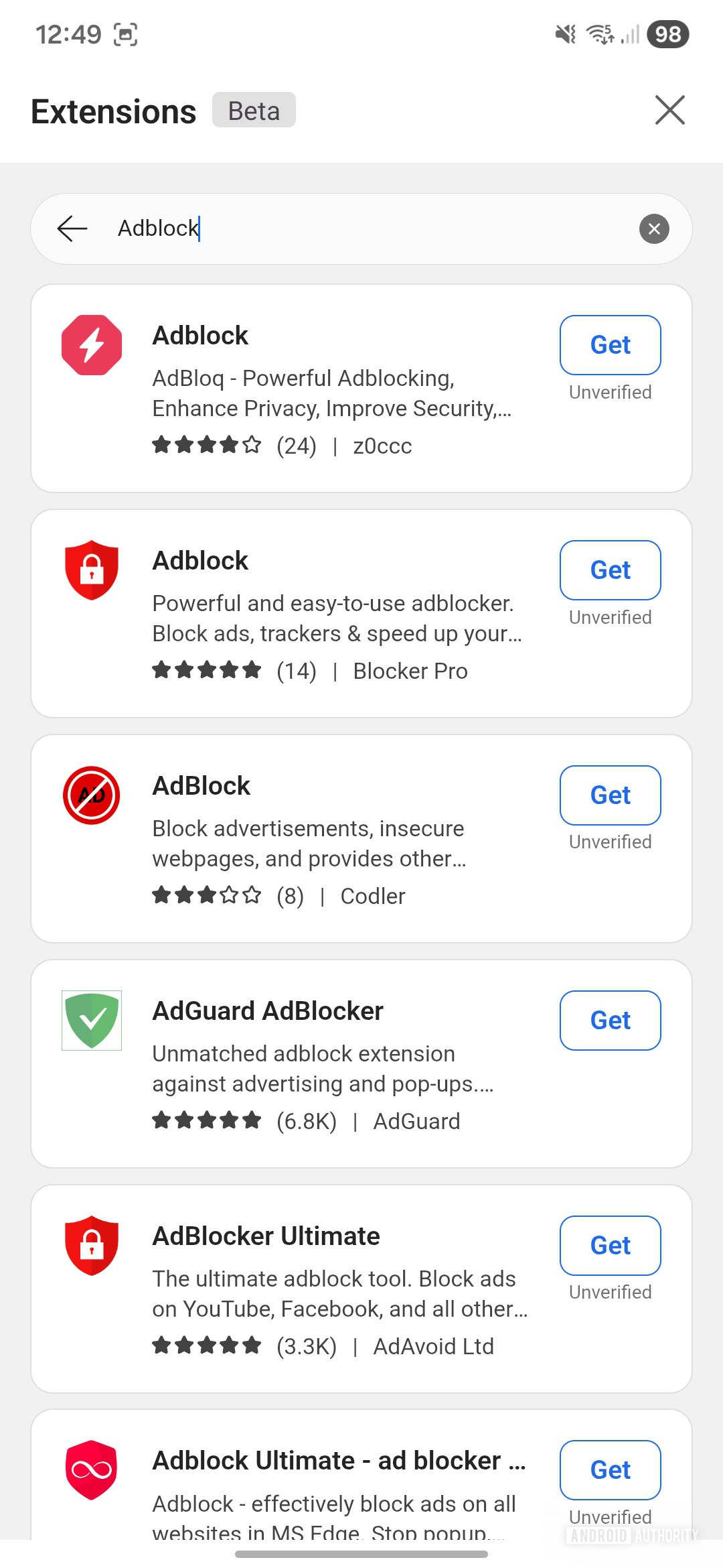 Extensões do Microsoft Edge no Android