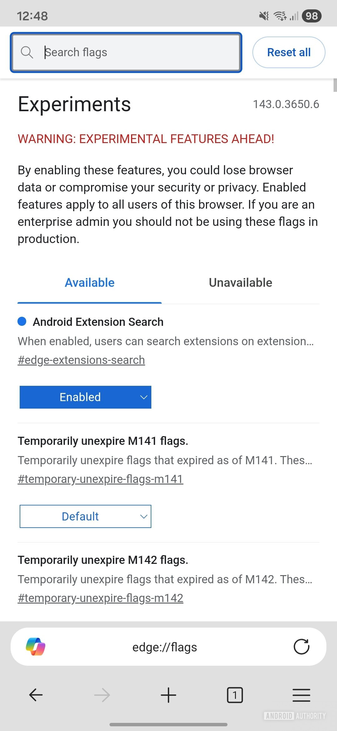 Sinalizador de extensões do Microsoft Edge no Android