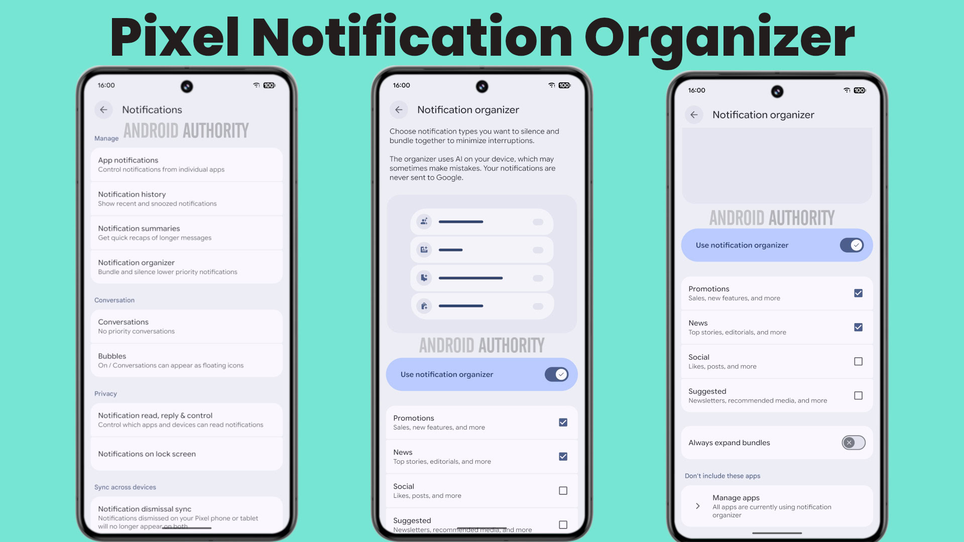 Configurações do recurso organizador de notificação do Pixel AI Configurações do recurso organizador de notificação do Pixel AI